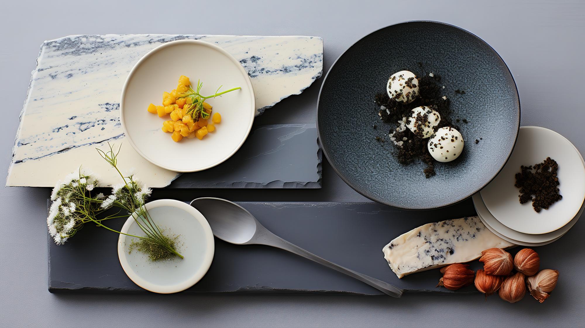 Table with curated workshop tools and plated food